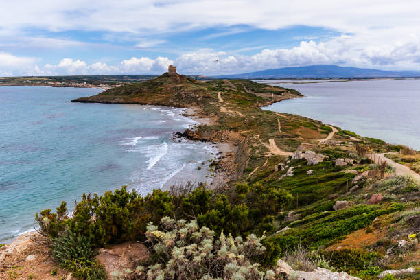 Rocky coastline with medieval tower stock photo