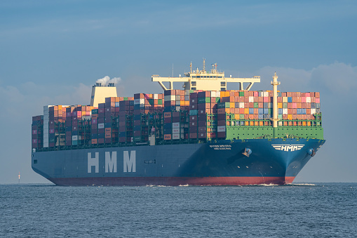 Cuxhaven, Germany - November 21, 2022: container ship HMM Algeciras on the river Elbe