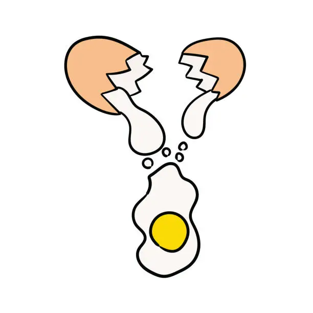Vector illustration of A hand-drawn cartoon cracked raw chicken egg on a white background.