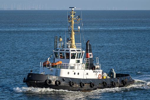 Cuxhaven, Germany - November 21, 2022: tugboat Wulf 5 on the river Elbe