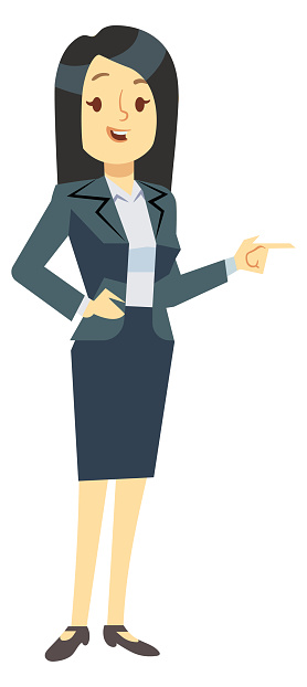 istock Businesswoman showing something. Working female cartoon character 1612089120