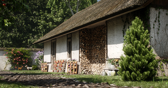 Restored white house and cobbled street in old Bozhentsi village in Bulagaria