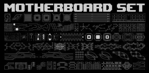 Vector illustration of Graphic elements motherboard. Computer system, including a processor, a memory chip, internal connections. Vector graphics set