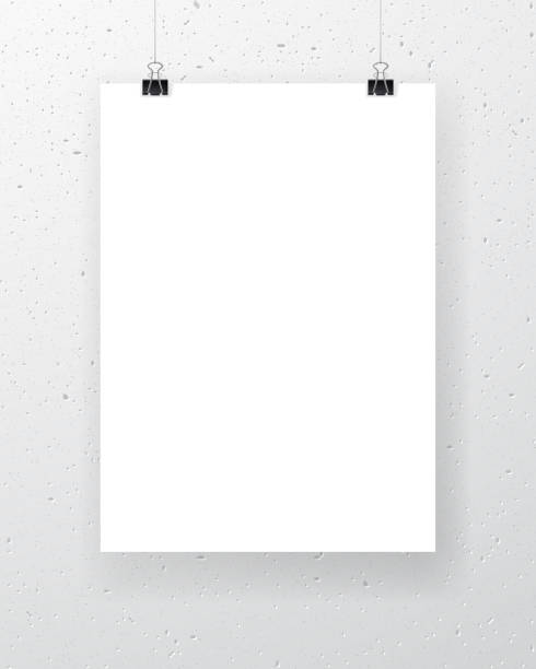 istock Blank paper sheet hanging on binder clips with white textured wall on background. Vertical poster template for advertising design, party invitation, business presentation. Realistic vector mockup 1612091360