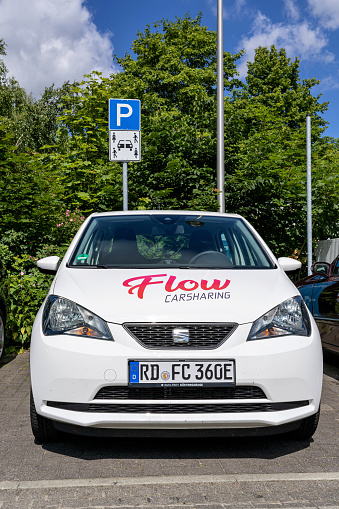 Rendsburg, Germany - June 16, 2022: Flow carsharing SEAT Mii electric at parking for carsharing vehicles