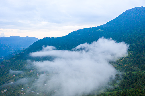 Aerial view of mountain village under fog.Trabzon,Maçka