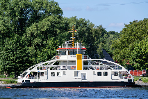 SCHACHT-AUDORF, GERMANY - JUNE 12, 2022: hybride Kiel Canal ferry Stecknitz at crossing point Schacht-Audorf - Nobiskrug