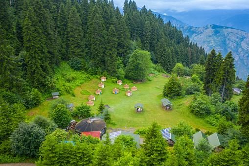 Aerial shot of campsites on the plateaus of Trabzon mountains,Maçka Natural parkland
