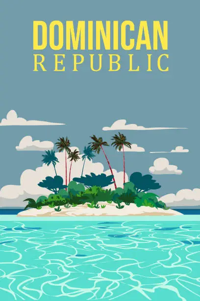 Vector illustration of Travel poster Dominican Republic vintage. Paradise island resort