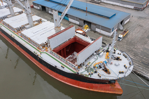Aerial view of large general cargo ship bulk carrier.