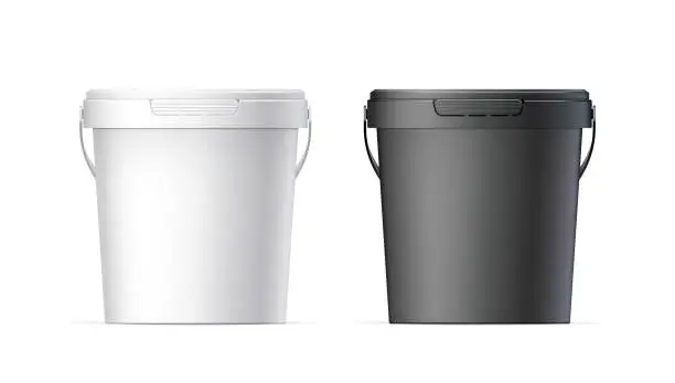 Vector illustration of White and black plastic buckets with lid.