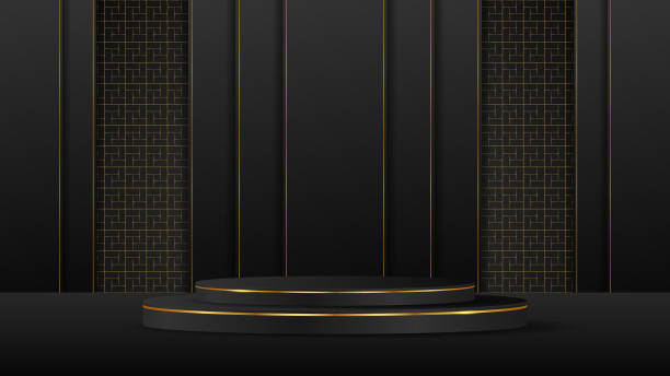 istock Black podium with elegant gold lines on the back for product 1612115657