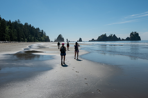 Olympic National Park, Washington - August 1, 2023: Hikers on Shi Shi Beach Trail near Neah Bay on sunny summer afternoon with Point of Arches in background.