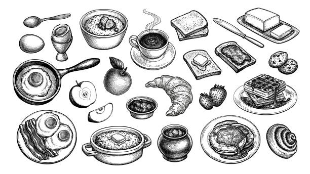 ilustraciones, imágenes clip art, dibujos animados e iconos de stock de conjunto de bocetos de desayuno - white background container silverware dishware