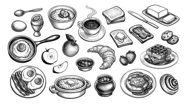 Vector illustration of Breakfast sketches set