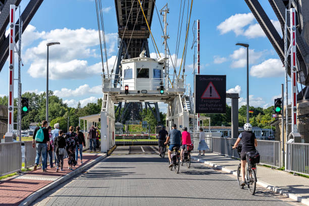 Osterrönfeld, Germany - June 12, 2022: hanging ferry under the Rendsburg High Bridge in Schleswig-Holstein, Germany