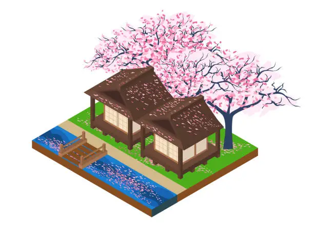 Vector illustration of Isometric Japanese-style village by the river with wooden bridge and cherry blossoms