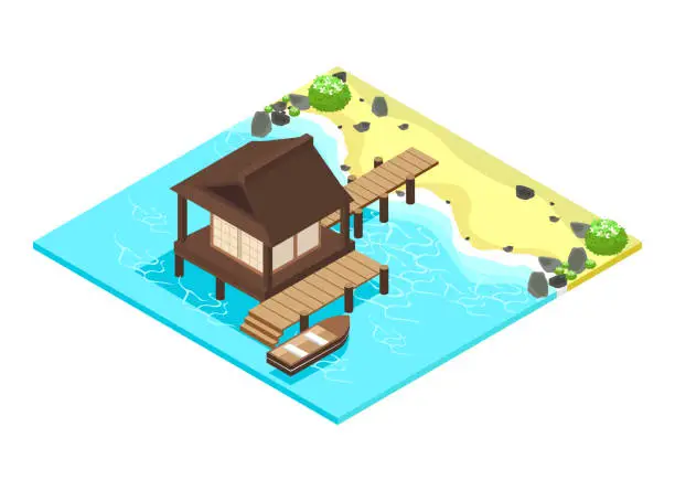 Vector illustration of Japanese style isometric beach with water house, rocks, boat and vegetation