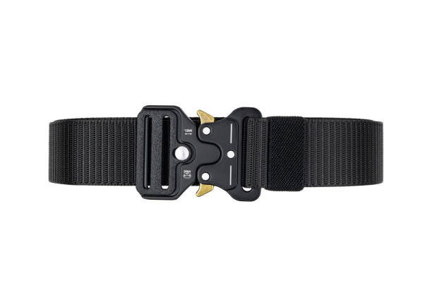 Tactical belt with strong metal buckle close-up on white