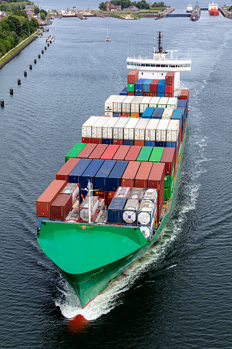 Kiel, Germany - June 5, 2022: container ship Elbwind in the Kiel Canal