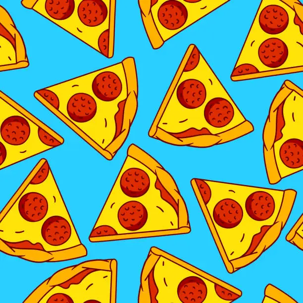 Vector illustration of Tasty pizza slices pattern. Delicious fast food meal. Background for cafe menu.