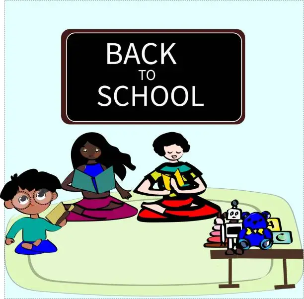 Vector illustration of school class with black board with inscription Back to school and with three students. Children sitting at school and reading books. Cartoon vector illustration for banner, poster. stock illustration