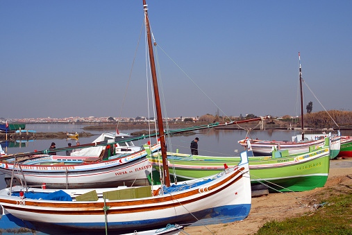 Sarilhos Pequenos, Moita, Setubal district, Portugal: traditional boats of the River Tagus estuary on the beach - once used for transporting people and goods, now kept by nautical aficionados and used mainly for leisure activities - Montijo skyline in the background.