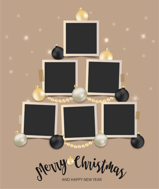 istock Christmas Photo frames Mockup. Empty square photo cards with shiny balls and beads. Six black templates for greeting cards, collage, presentation, congratulations, albums. Winter composition. EPS10. 1612201911