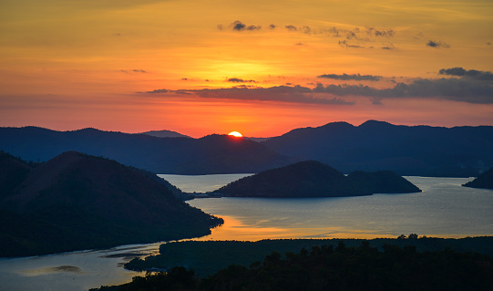 Landscape of tropical sea with many islands at sunset in Coron, Palawan, Philippines.