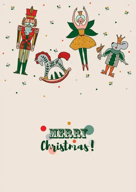 Vector illustration of Christmas greeting card the Nutcracker. Magic vector illustration.