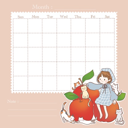 Monthly planner, little girl with cats and red apple.