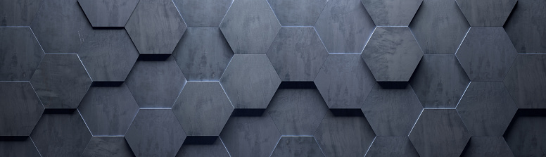 Dark gray concrete wide hexagon background (website head) (3d illustration)