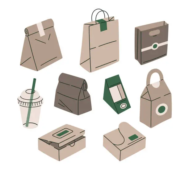 Vector illustration of Paper food delivery containers. Takeaway disposable food delivery packaging, fast food paper bags, boxes and plastic cup hand drawn flat vector illustration
