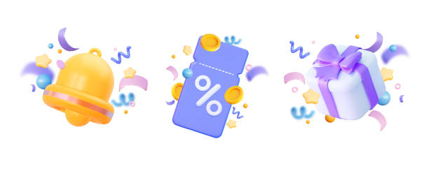 ilustrações de stock, clip art, desenhos animados e ícones de holiday sale. for the new year, for birthday. a set of bell icons with a coupon, 3d gifts box and confetti. 3d vector illustration. holiday decoration elements. - number certificate number 3 year