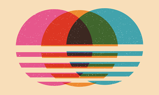 Retro sun sunset with riso print effect. Graphic element for flyer, wallpaper, poster. Graphic element. Vintage decoration of 70s 80s, 90s. Aesthetics of the risograph. Vaporwave style