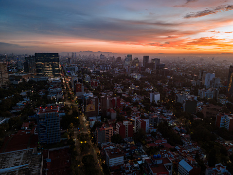 Cityscape at dawn, Mexico City as seen from the hills west of the city.