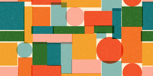 Seamless geometric pattern with risograph effect Seamless geometric pattern with risograph effect. Trendy riso graph style. Abstract background with grain texture. 80s style geometric collage. Simple vector pattern. Minimalist retro style texture riso print stock illustrations