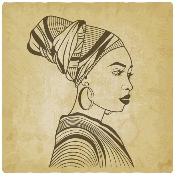 Vector illustration of African Woman In Profile In Traditional Head Wrap on vintage background