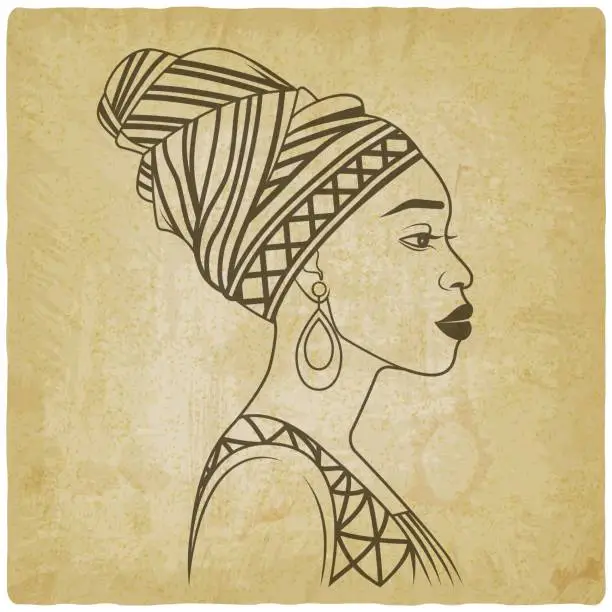 Vector illustration of African Woman In Profile In Traditional Head Wrap on vintage background
