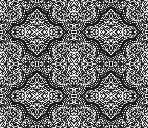 Vector illustration of Arabian black and white seamless pattern with flowers and frames