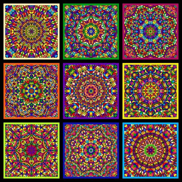Vector illustration of Set of bright multicolor cards with kaleidoscope circular patterns