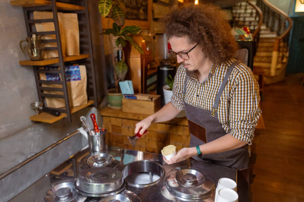 Funky bartender serving ice cream