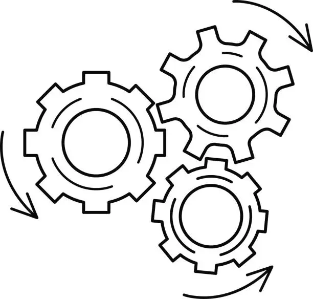 Vector illustration of Metal gears. Flat gear icon design. Logo on the wheels of the mechanism. A gear icon, a gear wheel, an engine circle, a web symbol in the form of a thin line on a white background.