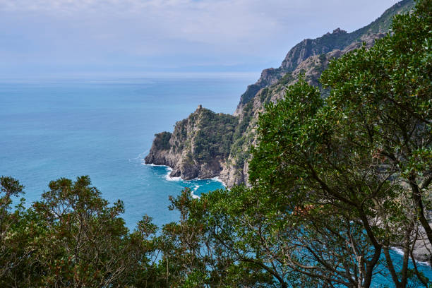 Mediterranean forest and coastline over Ligurian Sea in a sunny day of spring. Regional Natural Park of Portofino. Genoa. Liguria. Italy.