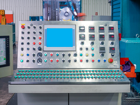 Computerized control panel of a large production machine.