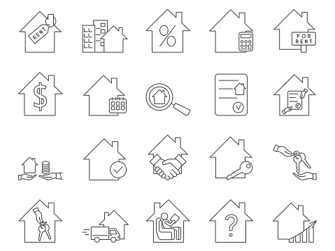 Property Rental Icons Set. For Rent, Apartment, House Rental. Editable Stroke. Simple Icons Vector Collection