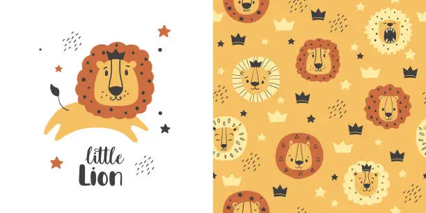 Vector illustration of Animal pattern with  with little lion