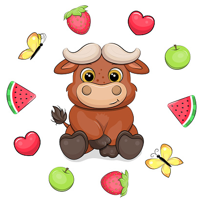 Vector illustration of an animal with apples, watermelon, hearts, butterflies, strawberries on a white background.