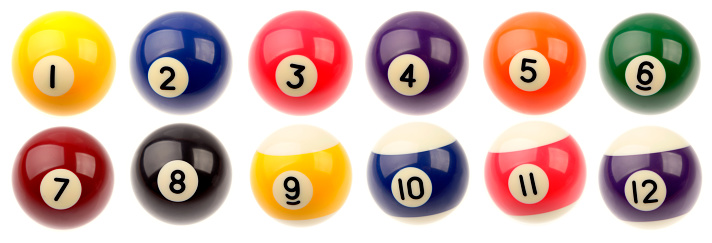 Twelve pool balls isolated over white background