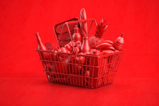 Red shopping basket full of grocery foods on red background. Red shopping basket full of grocery foods on red background. 3d illustration fruit cart vendor stock pictures, royalty-free photos & images